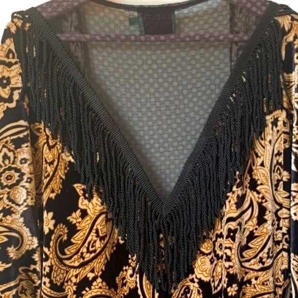𝅺JUDITH MARCH Velvet Lace Fringe Gold Black Kimono Size Small - Picture 5 of 7